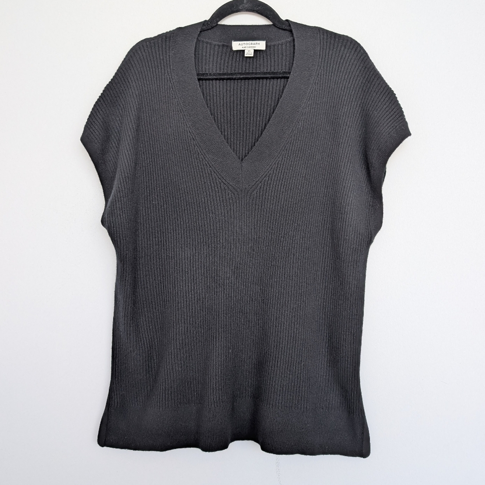 Autograph Pure Cashmere Rib Knit Sleeveless Black V-Neck Sweater Vest Sz XL